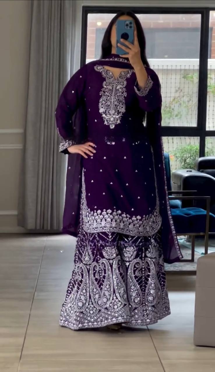 Heavy Embroidery Chinnon Silk Top with Sharara, Dupatta & Latkan Detailing