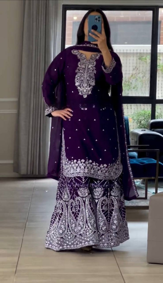 Heavy Embroidery Chinnon Silk Top with Sharara, Dupatta & Latkan Detailing