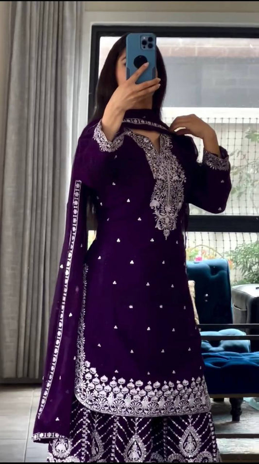 Heavy Embroidery Chinnon Silk Top with Sharara, Dupatta & Latkan Detailing