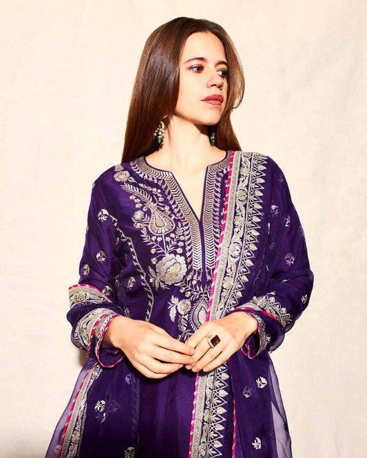 Heavy Embroidery Coding Sequence Work Set in Pure Chinnon Silk with Dupatta