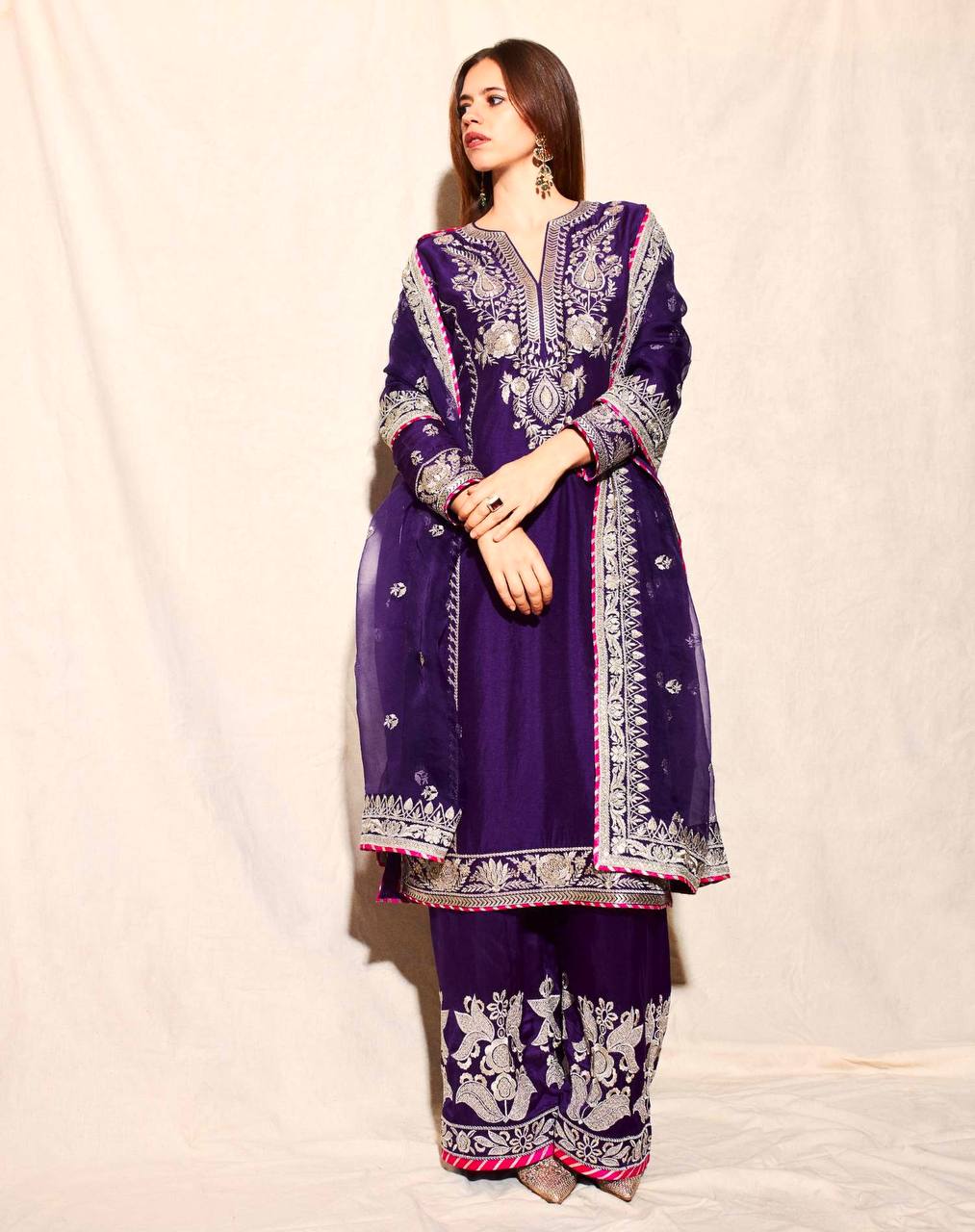 Heavy Embroidery Coding Sequence Work Set in Pure Chinnon Silk with Dupatta