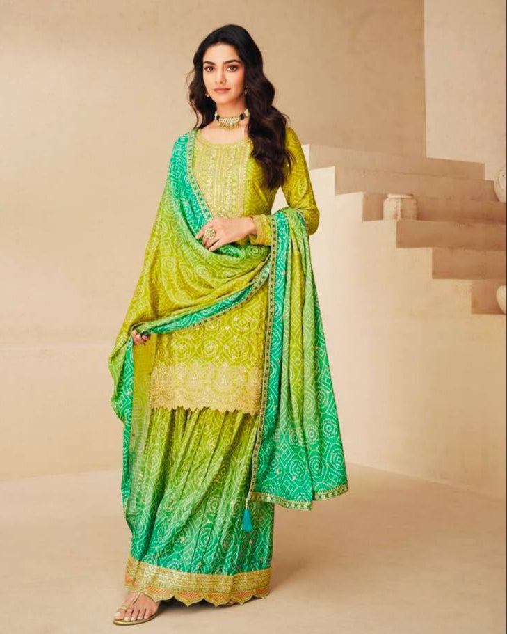 Green Chinon Printed Zari Palazzo Stitched Suit Set - Jaipur Blossom