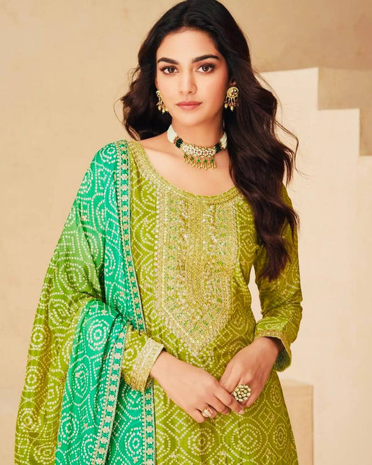 Green Chinon Printed Zari Palazzo Stitched Suit Set - Jaipur Blossom