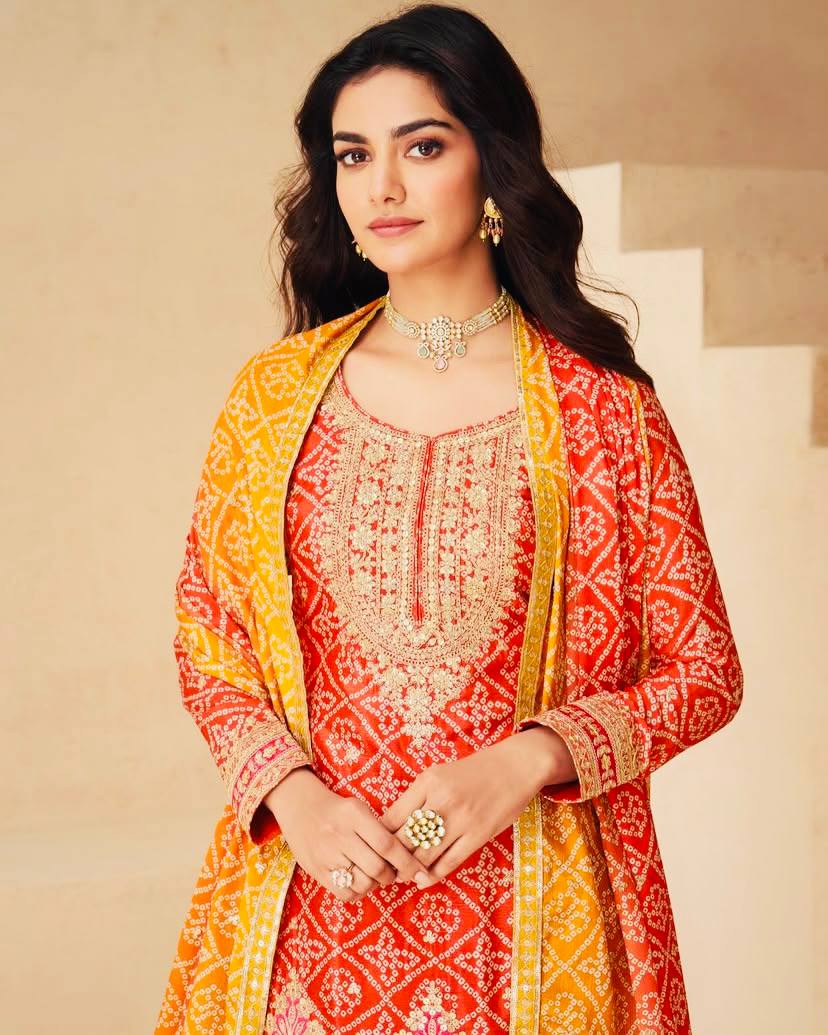 INDO ERA Bandhani Printed Zari Embroidered Stitched Suit Set - Jaipur Blossom