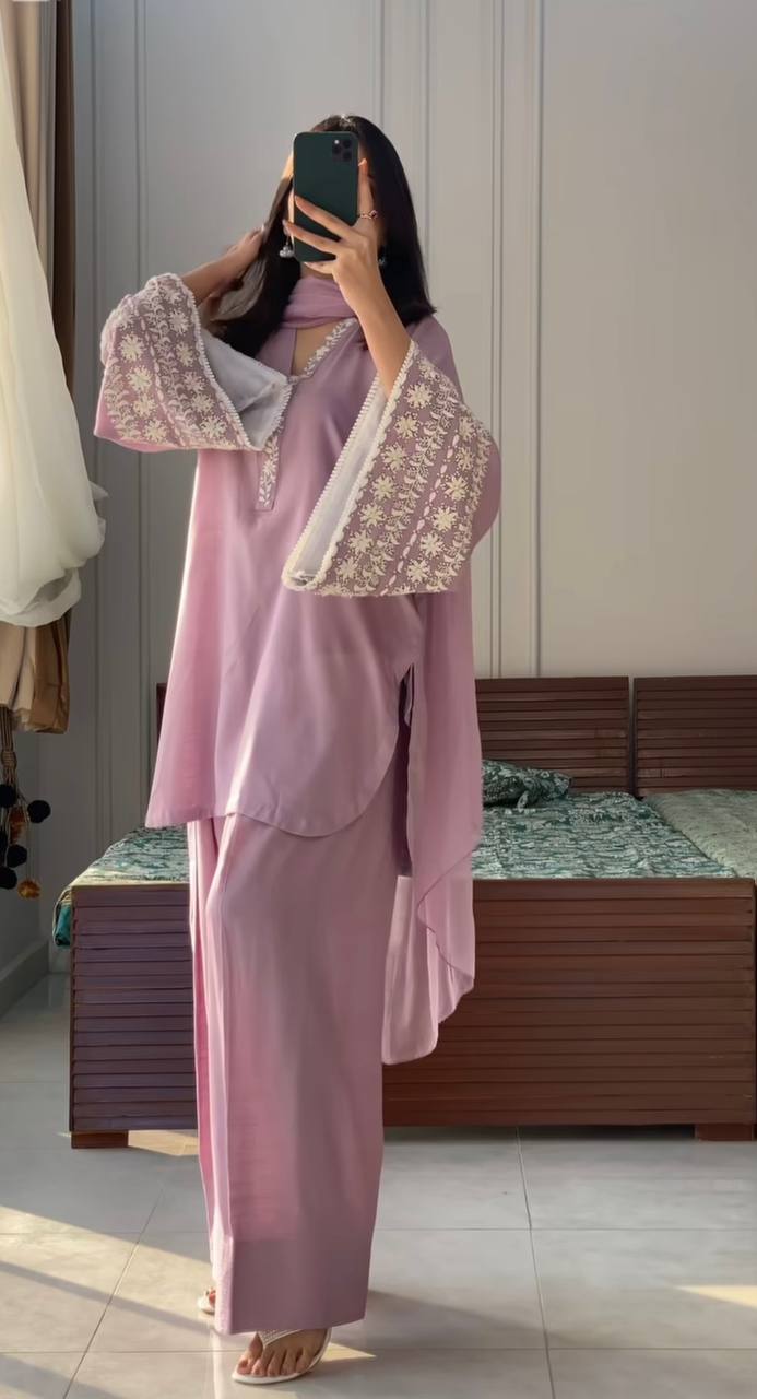 Designer Party Wear Top with Farshi Plazzo in Light Pink Natural Satin with Elegant Embroidery - Jaipur Blossom