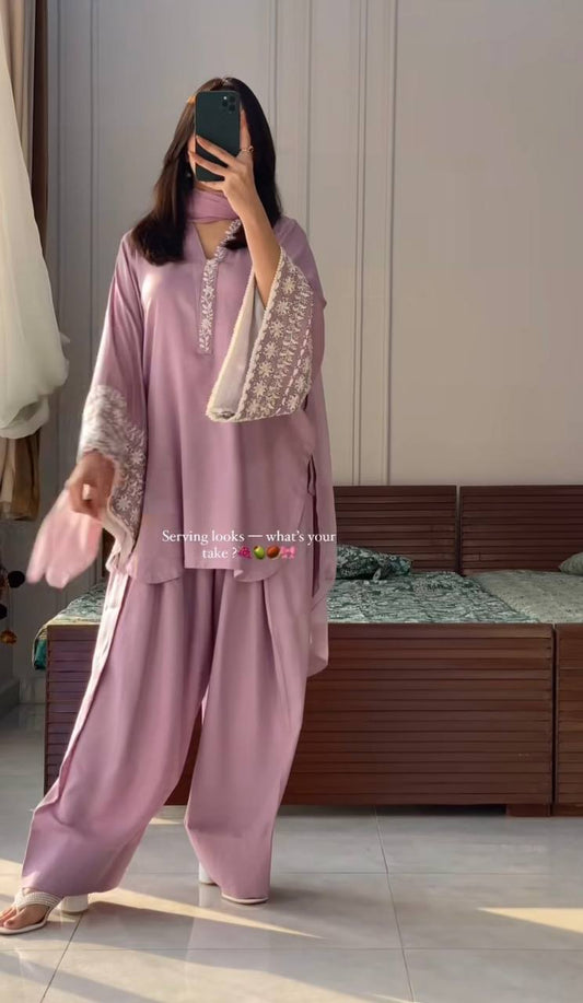 Designer Party Wear Top with Farshi Plazzo in Light Pink Natural Satin with Elegant Embroidery - Jaipur Blossom