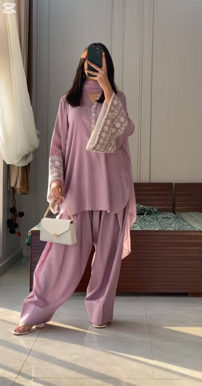 Designer Party Wear Top with Farshi Plazzo in Light Pink Natural Satin with Elegant Embroidery - Jaipur Blossom
