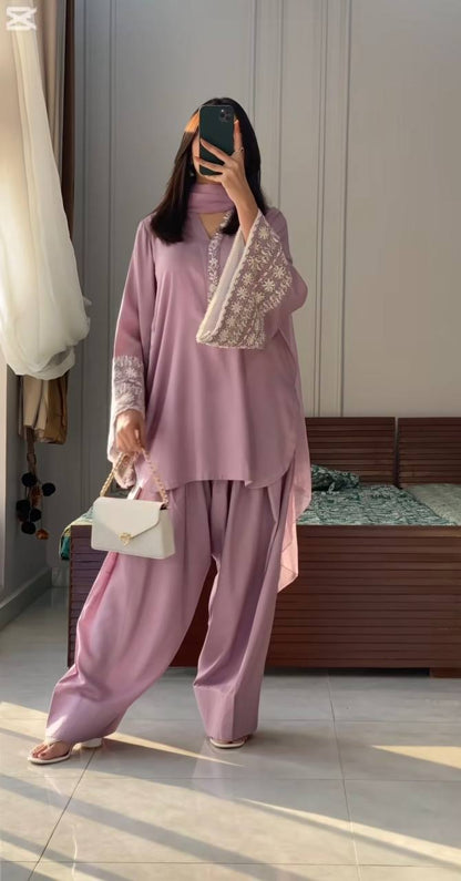 Designer Party Wear Top with Farshi Plazzo in Light Pink Natural Satin with Elegant Embroidery - Jaipur Blossom