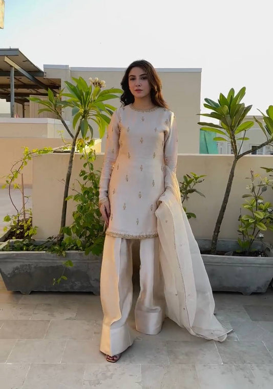 Elegant Cream Natural Satin Top with 5mm Embroidery and Farshi Plazzo - Jaipur Blossom