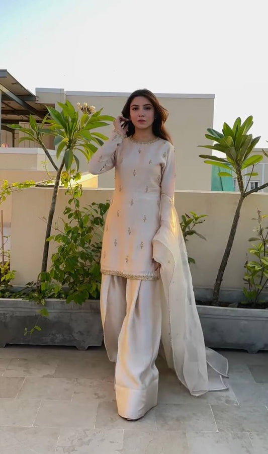 Elegant Cream Natural Satin Top with 5mm Embroidery and Farshi Plazzo - Jaipur Blossom
