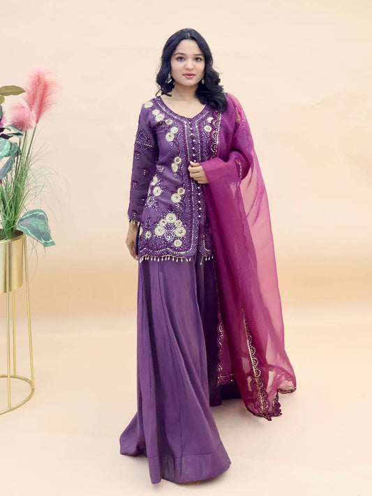 Purple Simar Soft Silk Sequinned Kurta with Sharara and Dupatta - Jaipur Blossom