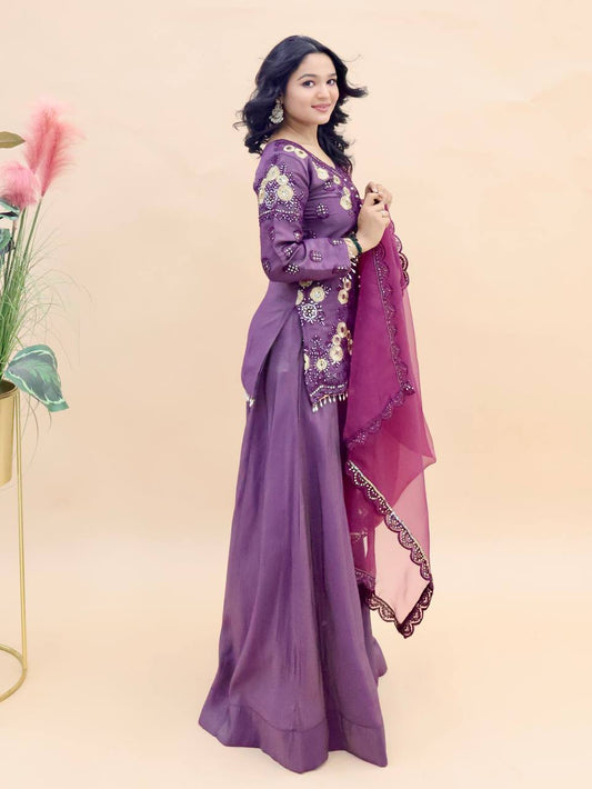 Purple Simar Soft Silk Sequinned Kurta with Sharara and Dupatta - Jaipur Blossom