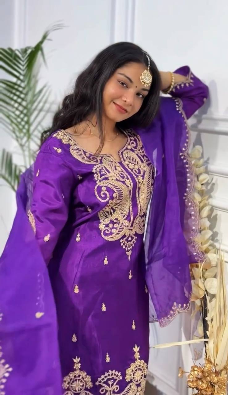 Designer Embroidered Chinon Silk Top and Sharara Suit with Fancy Dupatta