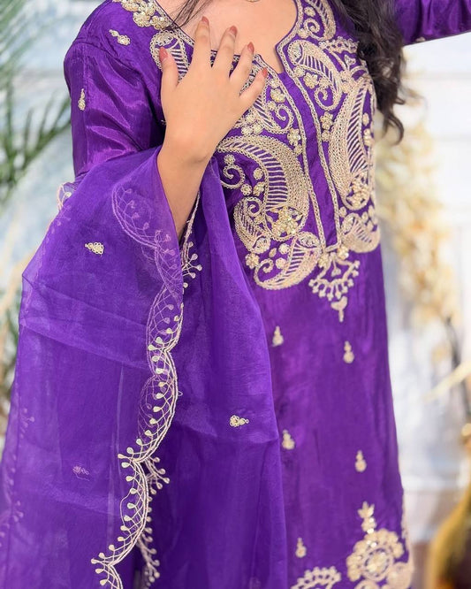 Designer Embroidered Chinon Silk Top and Sharara Suit with Fancy Dupatta