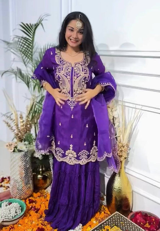 Designer Embroidered Chinon Silk Top and Sharara Suit with Fancy Dupatta