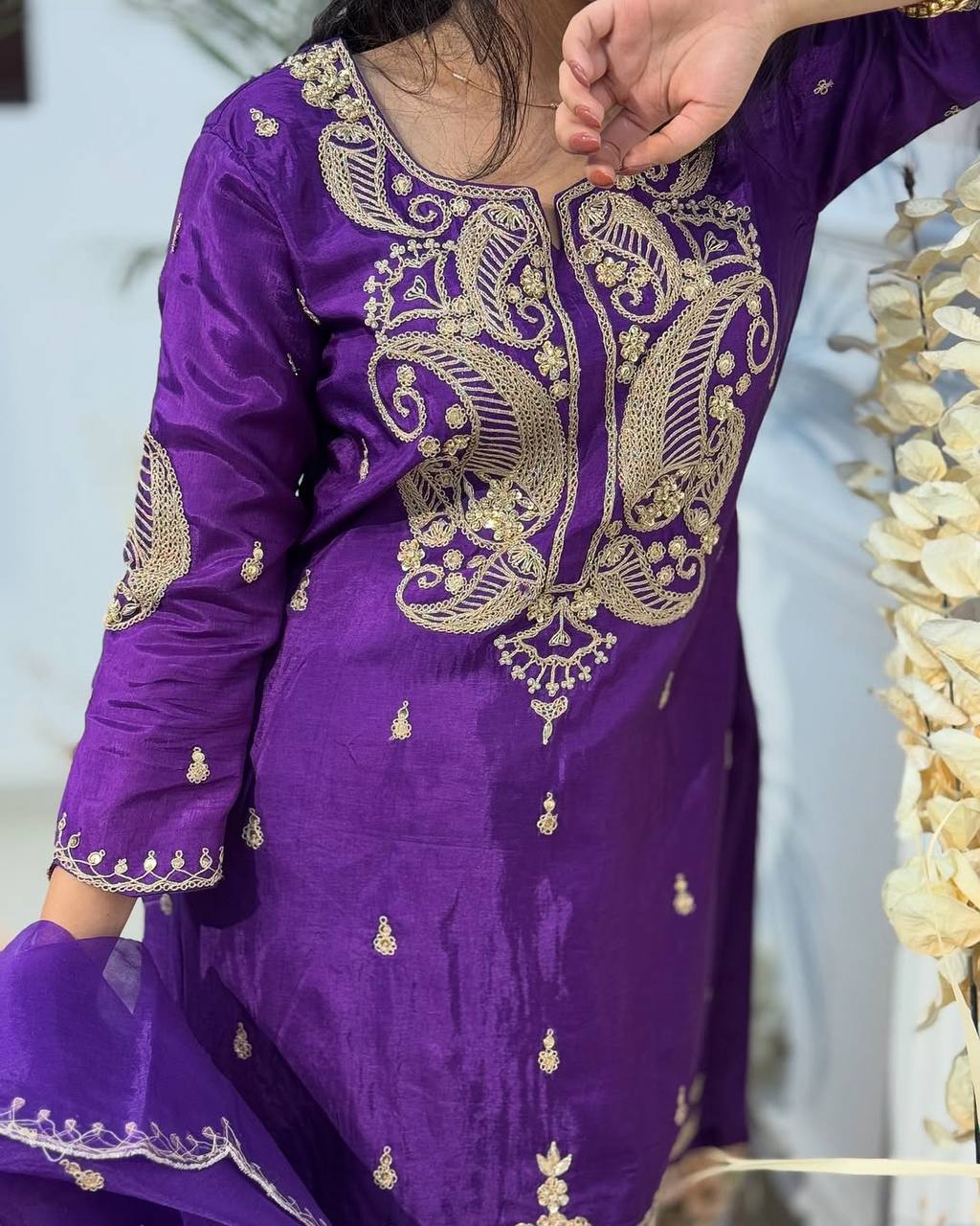 Designer Embroidered Chinon Silk Top and Sharara Suit with Fancy Dupatta