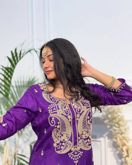 Designer Embroidered Chinon Silk Top and Sharara Suit with Fancy Dupatta