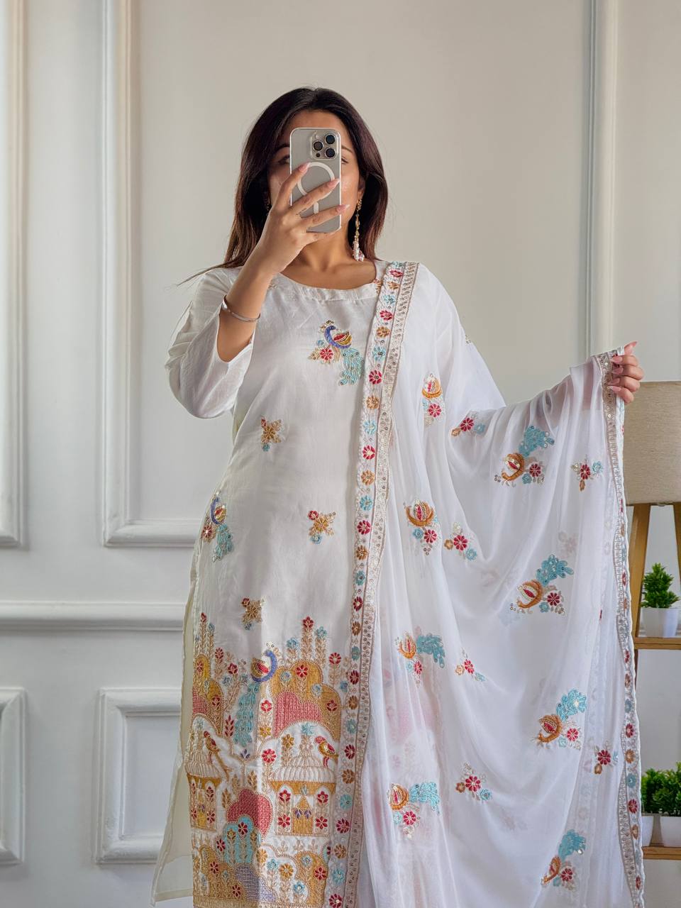 Designer Embroidered Roman Silk Top and Pant Set with Micro Cotton Inner