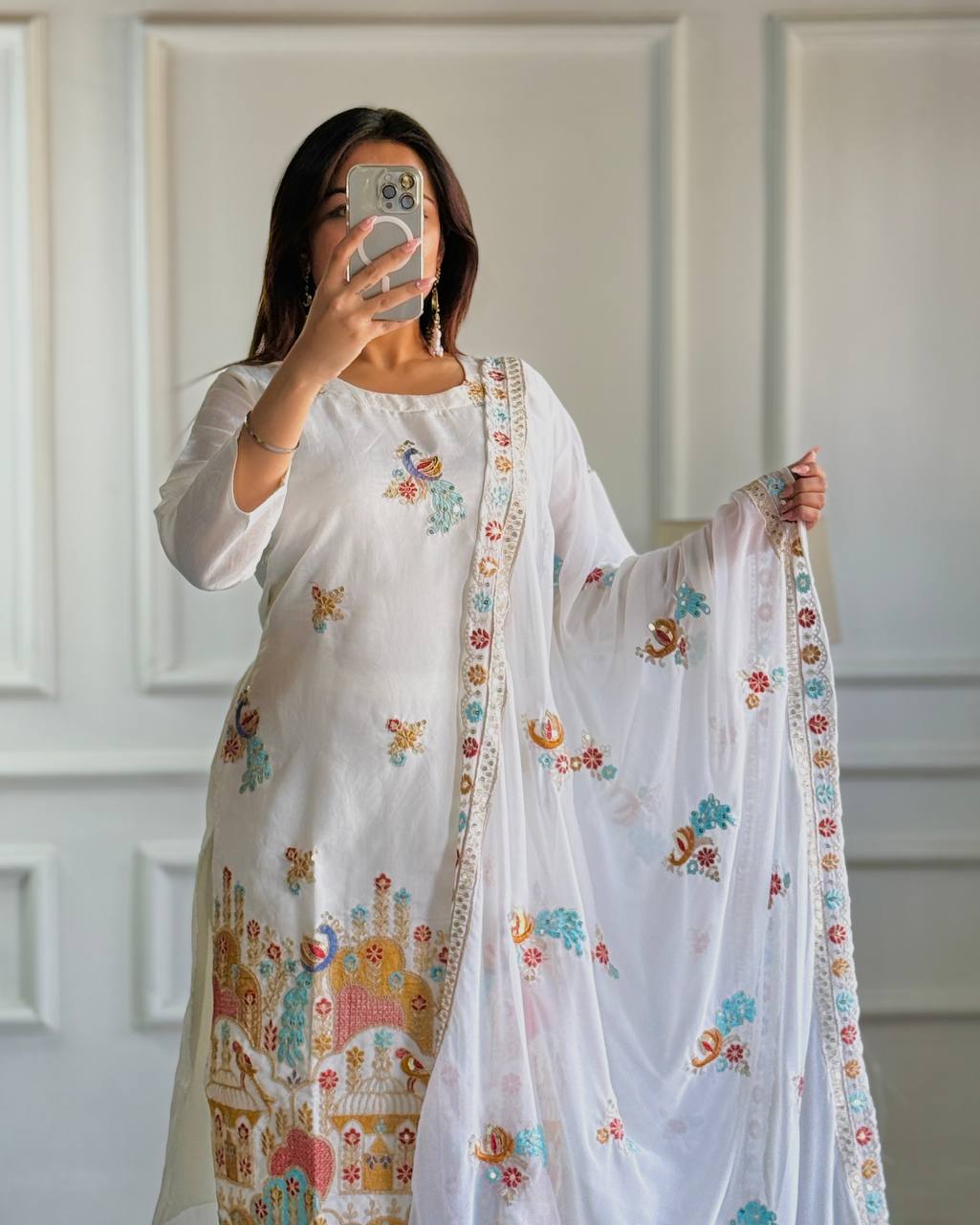Designer Embroidered Roman Silk Top and Pant Set with Micro Cotton Inner