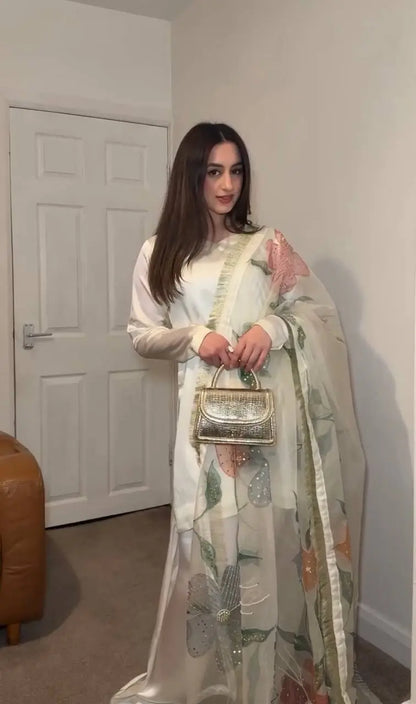 Heavy Japan Satin Silk Top with Sleeves and Coordinated Farshi Plazzo - Jaipur Blossom Aarohi Clothing