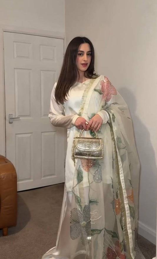 Heavy Japan Satin Silk Top with Sleeves and Coordinated Farshi Plazzo - Jaipur Blossom
