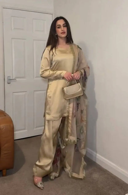 Heavy Japan Satin Silk Top with Sleeves and Coordinated Farshi Plazzo - Jaipur Blossom Aarohi Clothing