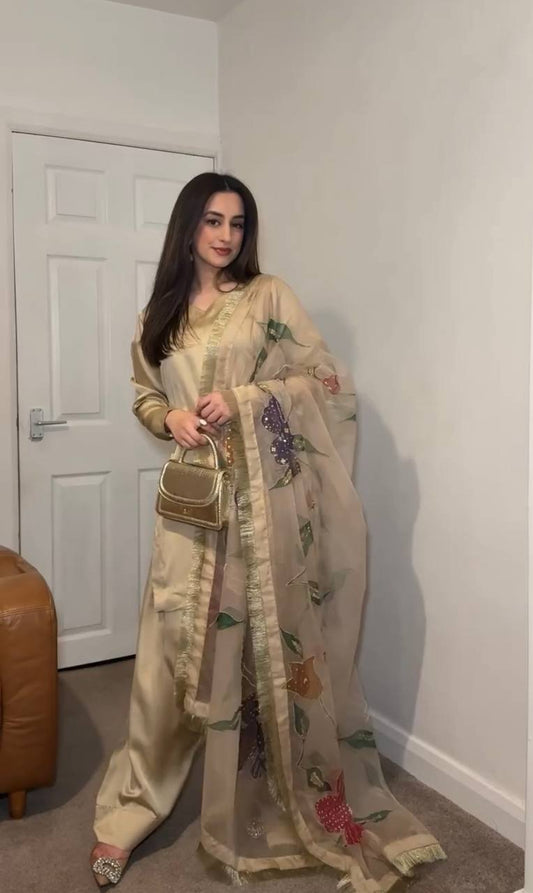 Heavy Japan Satin Silk Top with Sleeves and Coordinated Farshi Plazzo - Jaipur Blossom