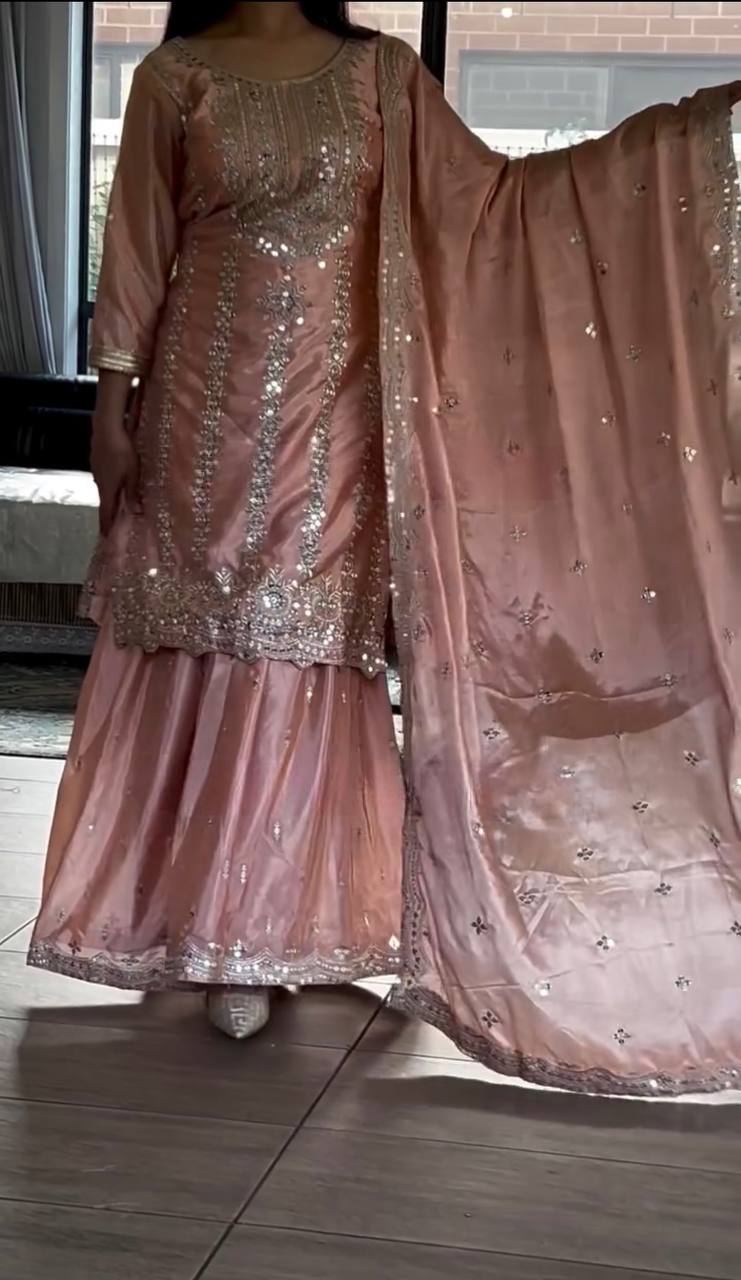 Party Wear Heavy Chinnon Silk Suit Set with Sharara and Embroidered Dupatta