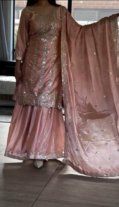 Party Wear Heavy Chinnon Silk Suit Set with Sharara and Embroidered Dupatta