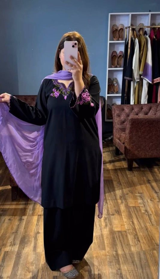 Black Designer Embroidered Rayon Silk Top with Farshi Plazzo for Evening Wear - Jaipur Blossom