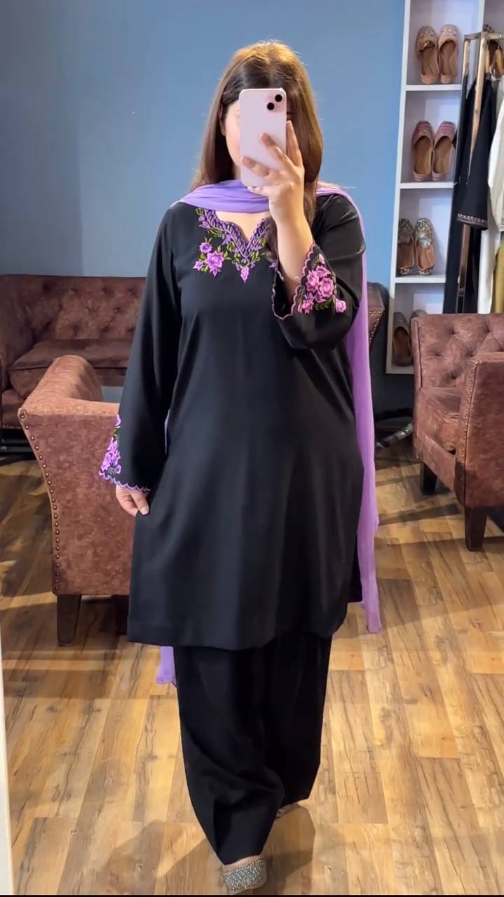 Black Designer Embroidered Rayon Silk Top with Farshi Plazzo for Evening Wear - Jaipur Blossom