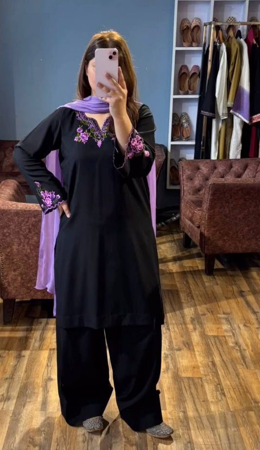 Black Designer Embroidered Rayon Silk Top with Farshi Plazzo for Evening Wear - Jaipur Blossom