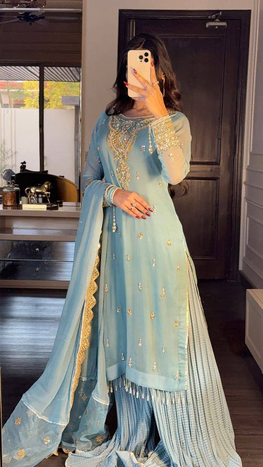 Sky Blue Party Sharara Suit with Fancy Top and Dupatta in Rich Fox Georgette - Jaipur Blossom
