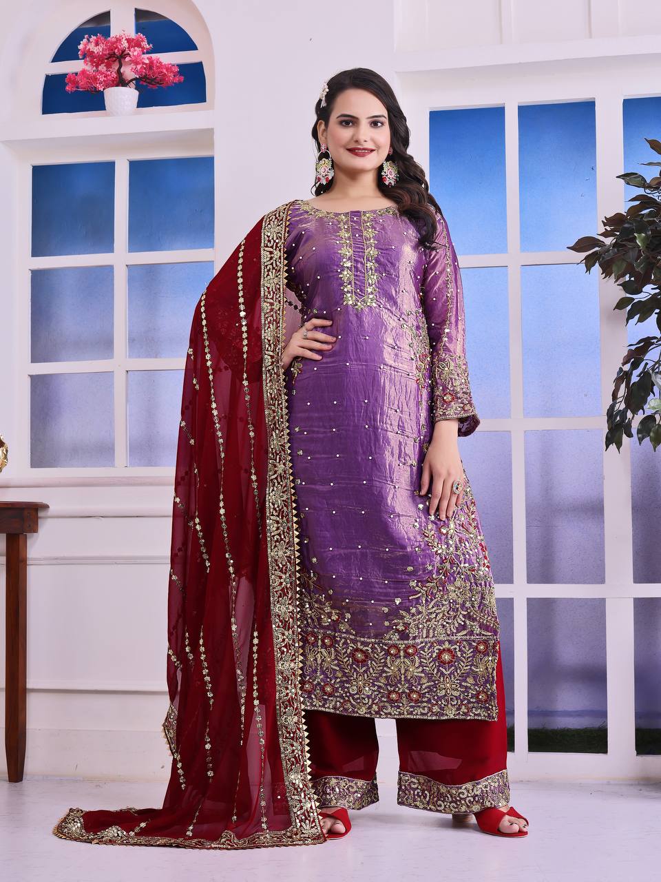 Heavily Embroidered Fancy Top-Plazzo Set with Matching Dupatta - Jaipur Blossom