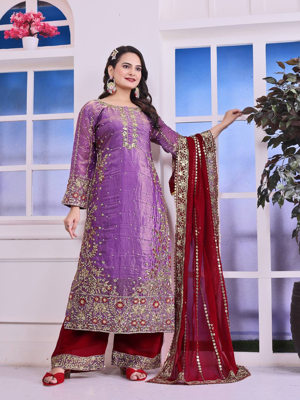 Heavily Embroidered Fancy Top-Plazzo Set with Matching Dupatta - Jaipur Blossom
