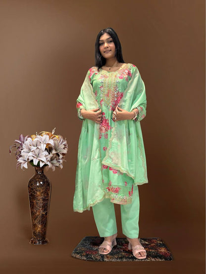 Ready to Wear Designer Suit in Kundan Organza with Hand Mirror and Stone Embroidery - Jaipur Blossom