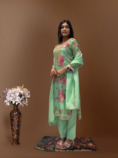 Ready to Wear Designer Suit in Kundan Organza with Hand Mirror and Stone Embroidery - Jaipur Blossom