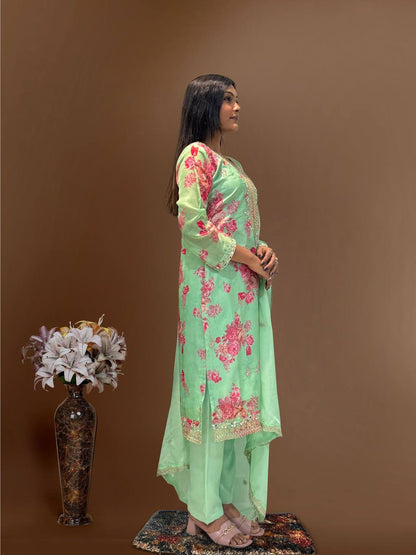 Ready to Wear Designer Suit in Kundan Organza with Hand Mirror and Stone Embroidery - Jaipur Blossom