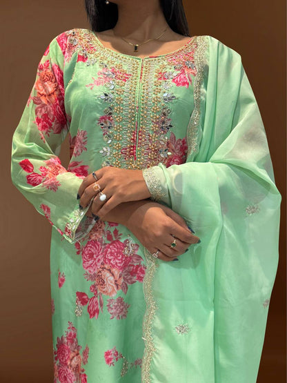 Ready to Wear Designer Suit in Kundan Organza with Hand Mirror and Stone Embroidery - Jaipur Blossom
