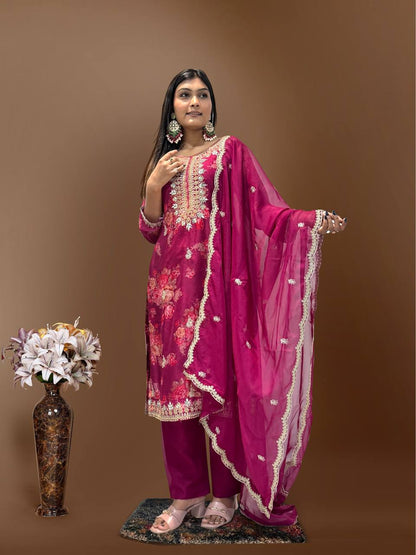 Ready to Wear Designer Suit in Kundan Organza with Hand Mirror and Stone Embroidery - Jaipur Blossom