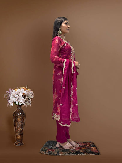 Ready to Wear Designer Suit in Kundan Organza with Hand Mirror and Stone Embroidery - Jaipur Blossom