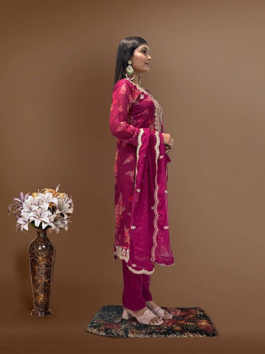 Ready to Wear Designer Suit in Kundan Organza with Hand Mirror and Stone Embroidery - Jaipur Blossom