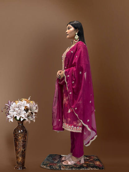Ready to Wear Designer Suit in Kundan Organza with Hand Mirror and Stone Embroidery - Jaipur Blossom