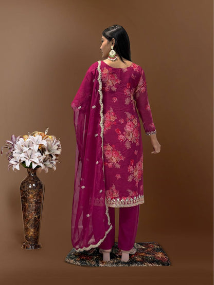 Ready to Wear Designer Suit in Kundan Organza with Hand Mirror and Stone Embroidery - Jaipur Blossom