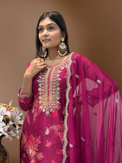Ready to Wear Designer Suit in Kundan Organza with Hand Mirror and Stone Embroidery - Jaipur Blossom