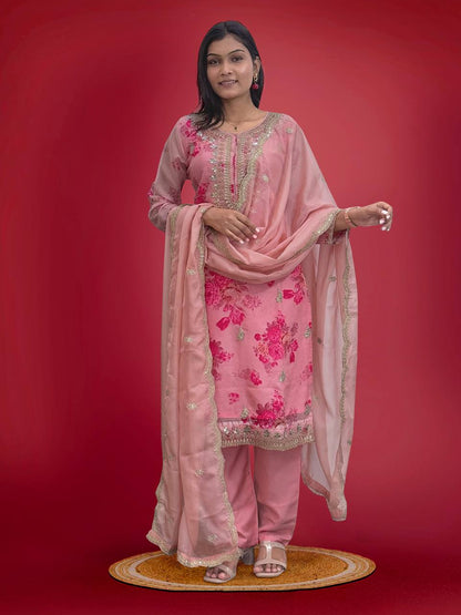 Ready to Wear Designer Suit in Kundan Organza with Hand Mirror and Stone Embroidery - Jaipur Blossom