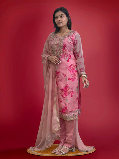 Ready to Wear Designer Suit in Kundan Organza with Hand Mirror and Stone Embroidery - Jaipur Blossom