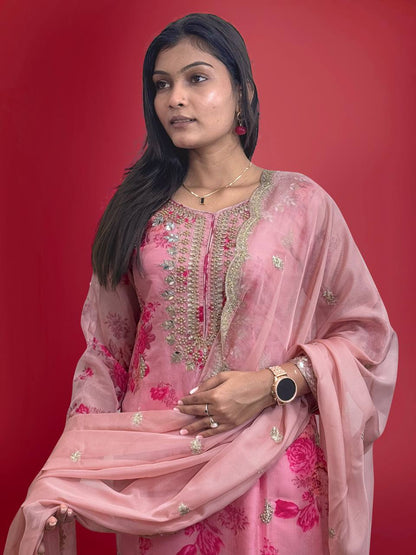Ready to Wear Designer Suit in Kundan Organza with Hand Mirror and Stone Embroidery - Jaipur Blossom