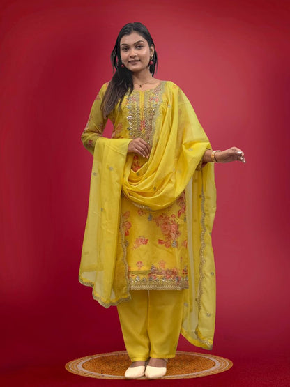 Ready to Wear Designer Suit in Kundan Organza with Hand Mirror and Stone Embroidery - Jaipur Blossom