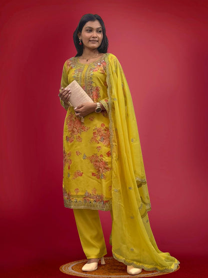 Ready to Wear Designer Suit in Kundan Organza with Hand Mirror and Stone Embroidery - Jaipur Blossom
